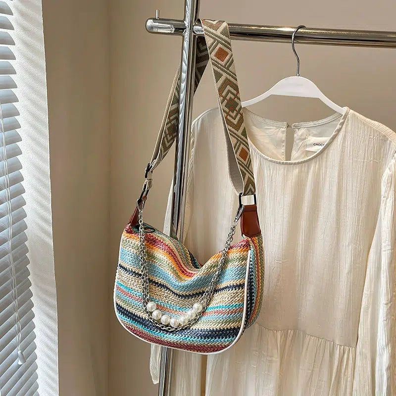 Pearl Chain Striped Shoulder Bag
