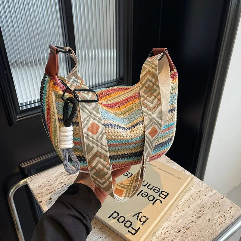 Pearl Chain Striped Shoulder Bag