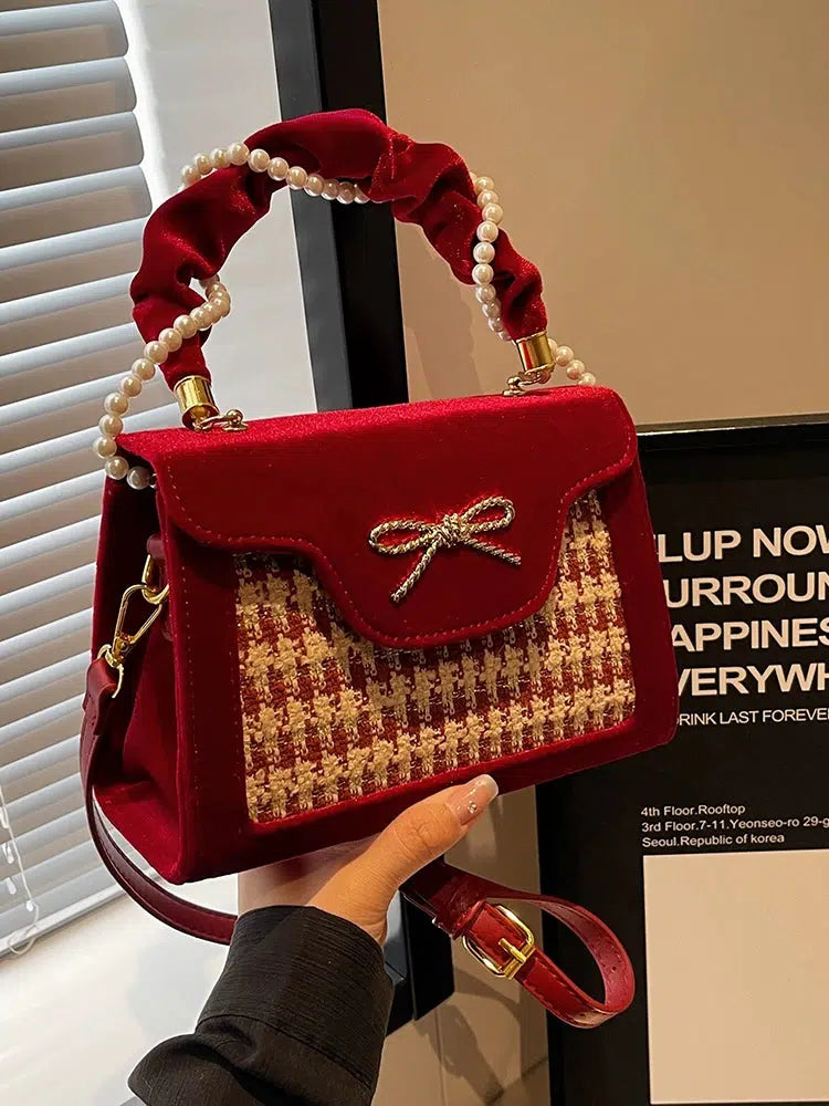 Pearl Handle Bow Plaid Handbag