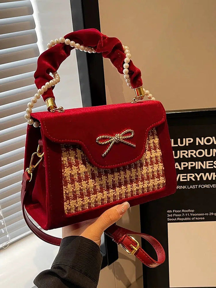 Pearl Handle Bow Plaid Handbag