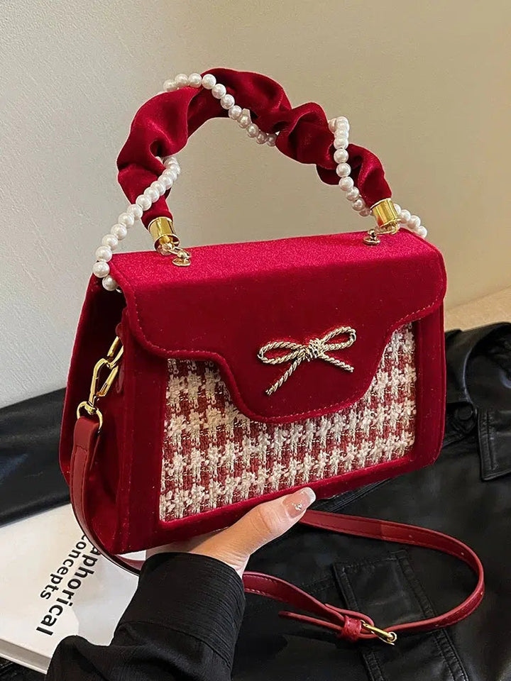 Pearl Handle Bow Plaid Handbag