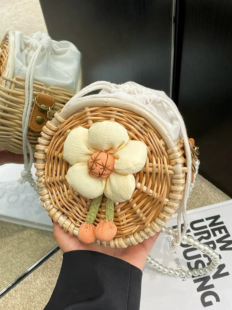 Pearl Strap Round Woven Floral Bag