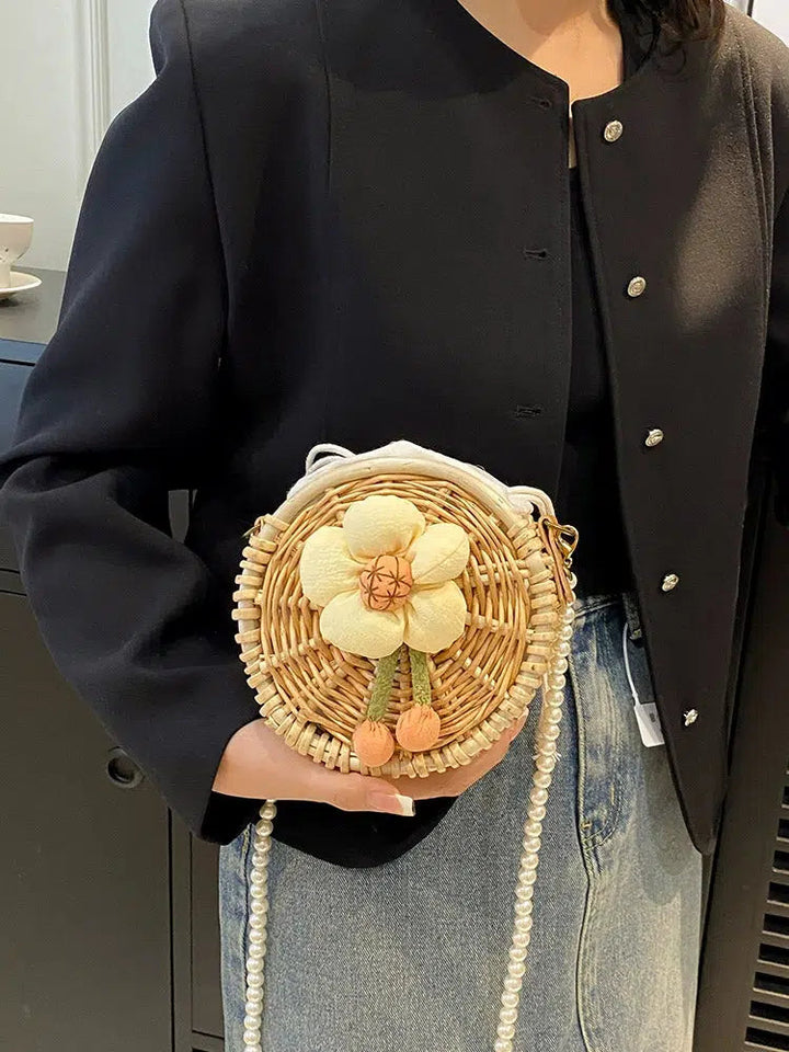 Pearl Strap Round Woven Floral Bag