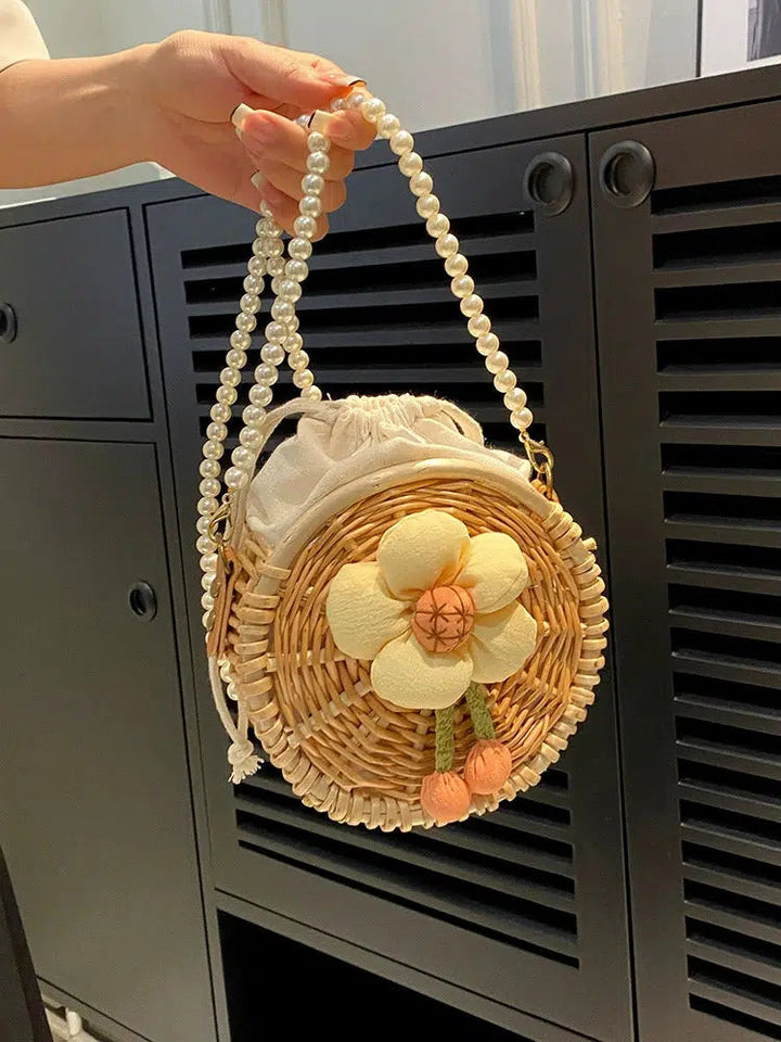 Pearl Strap Round Woven Floral Bag