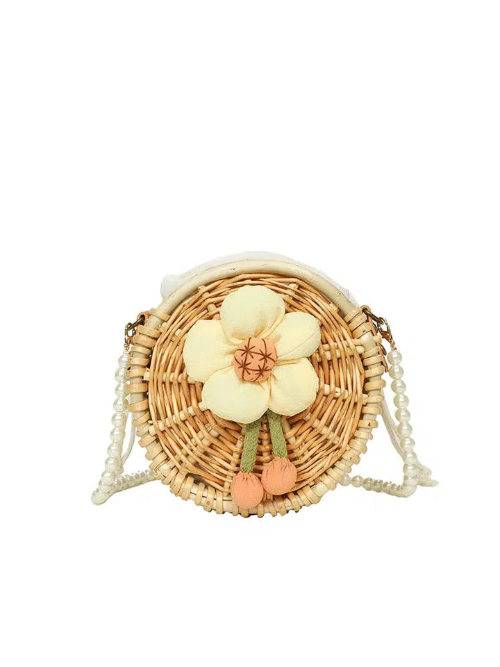 Pearl Strap Round Woven Floral Bag