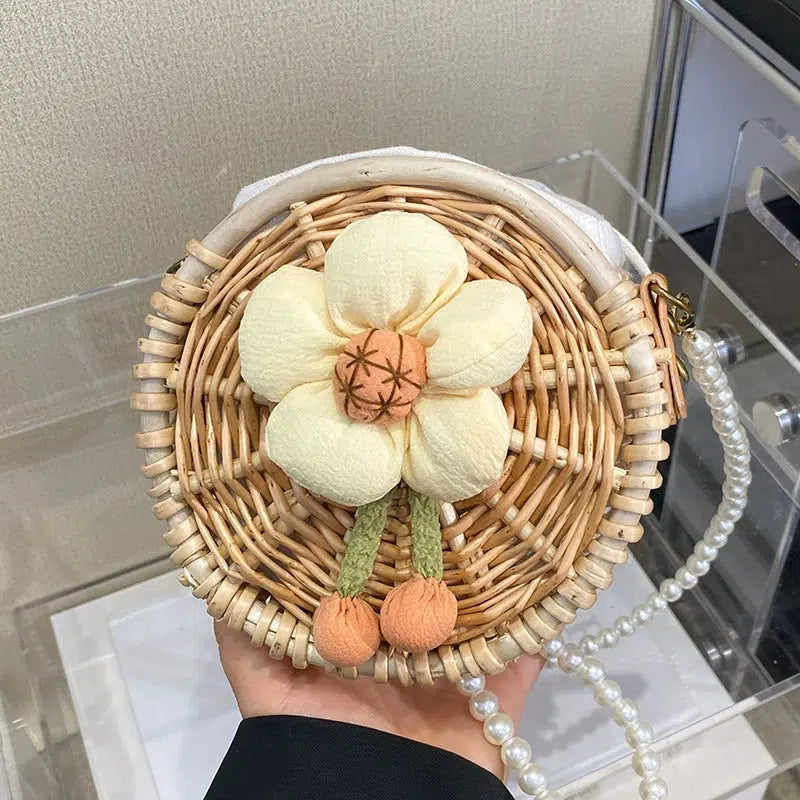 Pearl Strap Round Woven Floral Bag