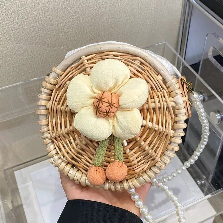 Pearl Strap Round Woven Floral Bag