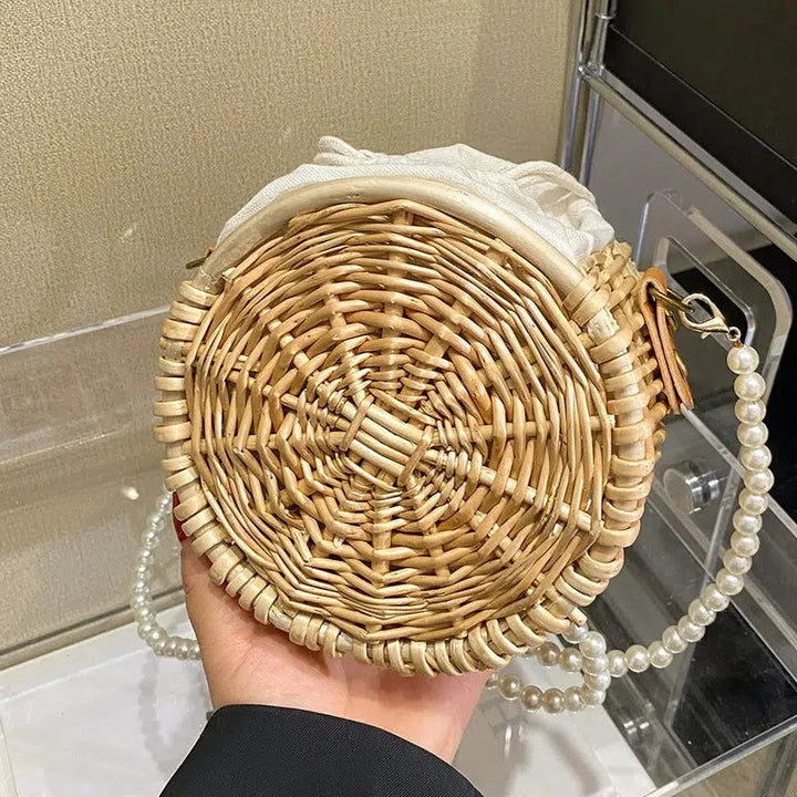Pearl Strap Round Woven Floral Bag