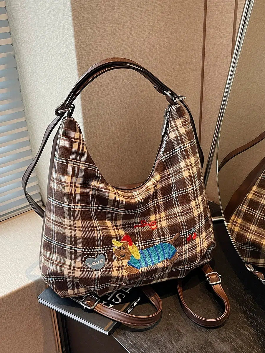 Plaid Dachshund Embroidered Bag