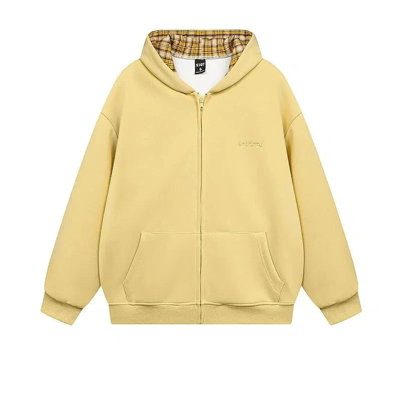 Plaid-Lined Pockets Zip-Up Hoodie