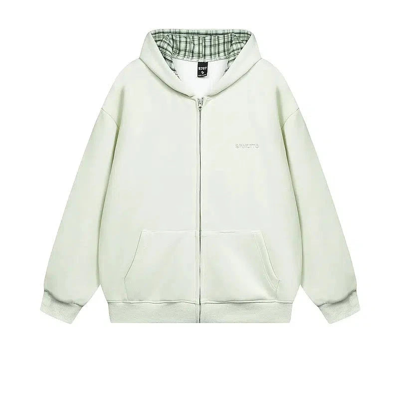 Plaid-Lined Pockets Zip-Up Hoodie