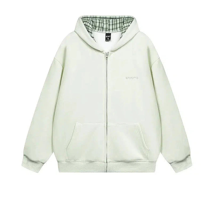 Plaid-Lined Pockets Zip-Up Hoodie