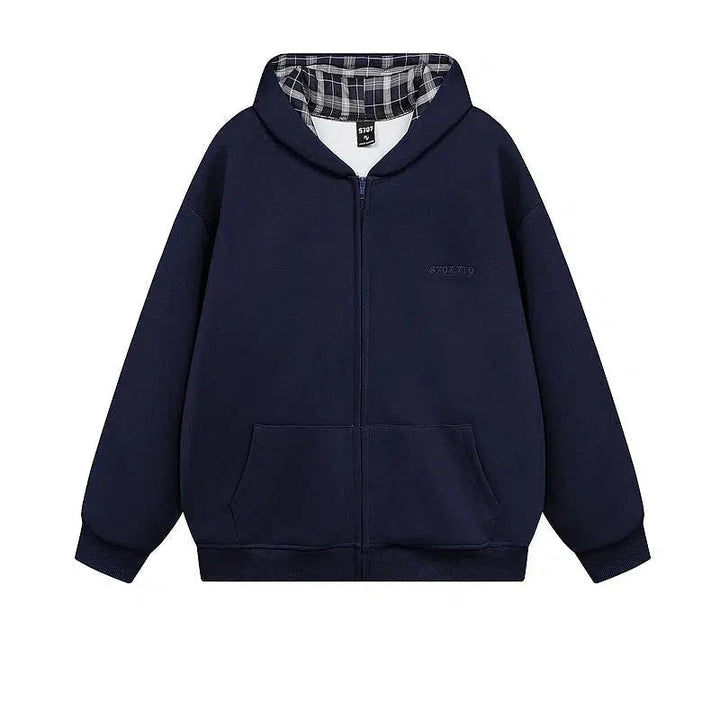 Plaid-Lined Pockets Zip-Up Hoodie