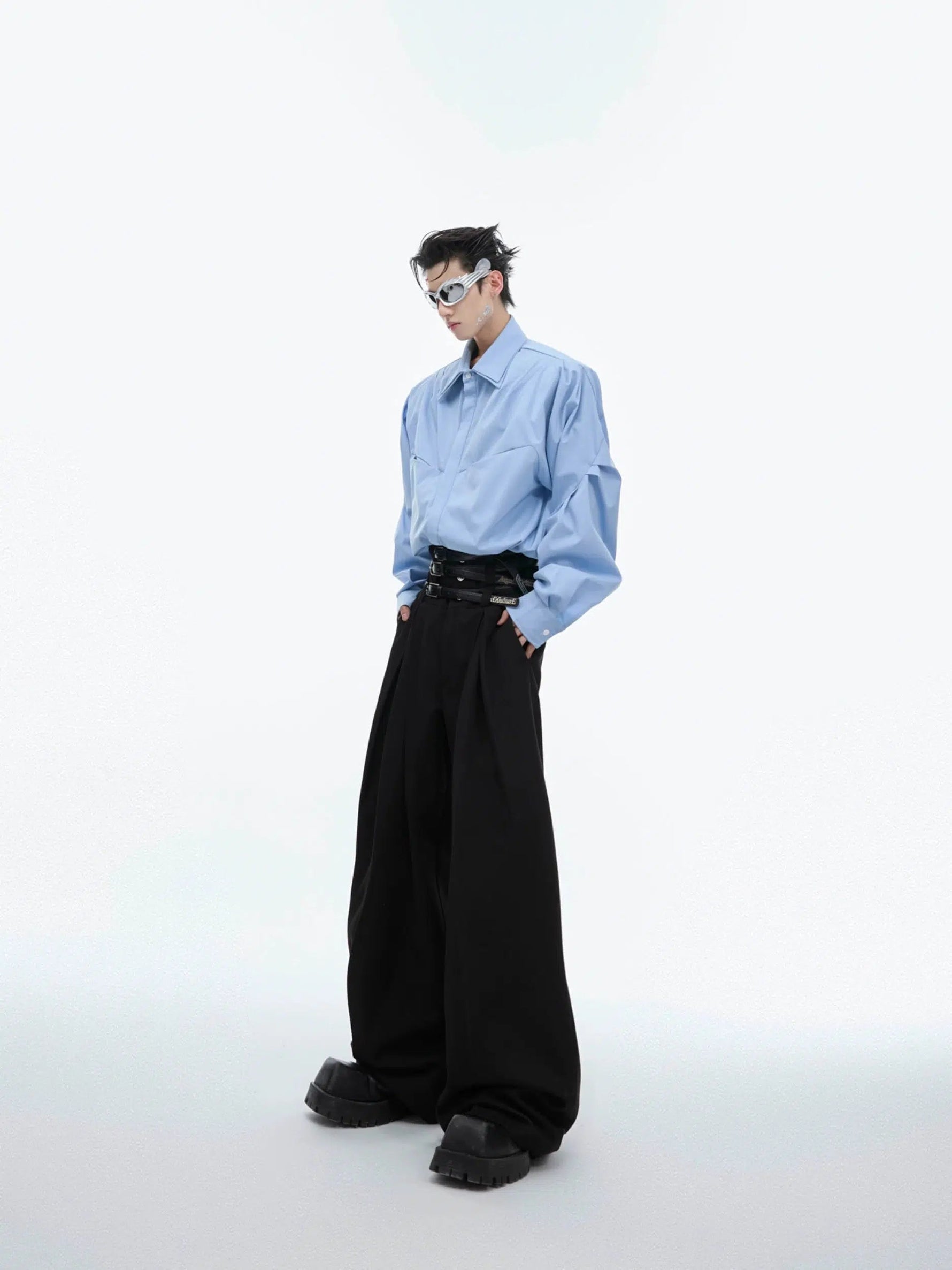 Pleated Belt High Waist Loose Pants