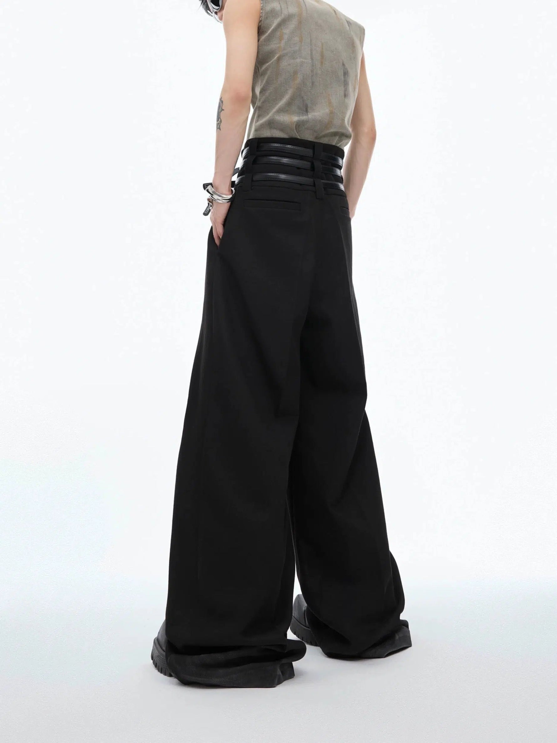 Pleated Belt High Waist Loose Pants