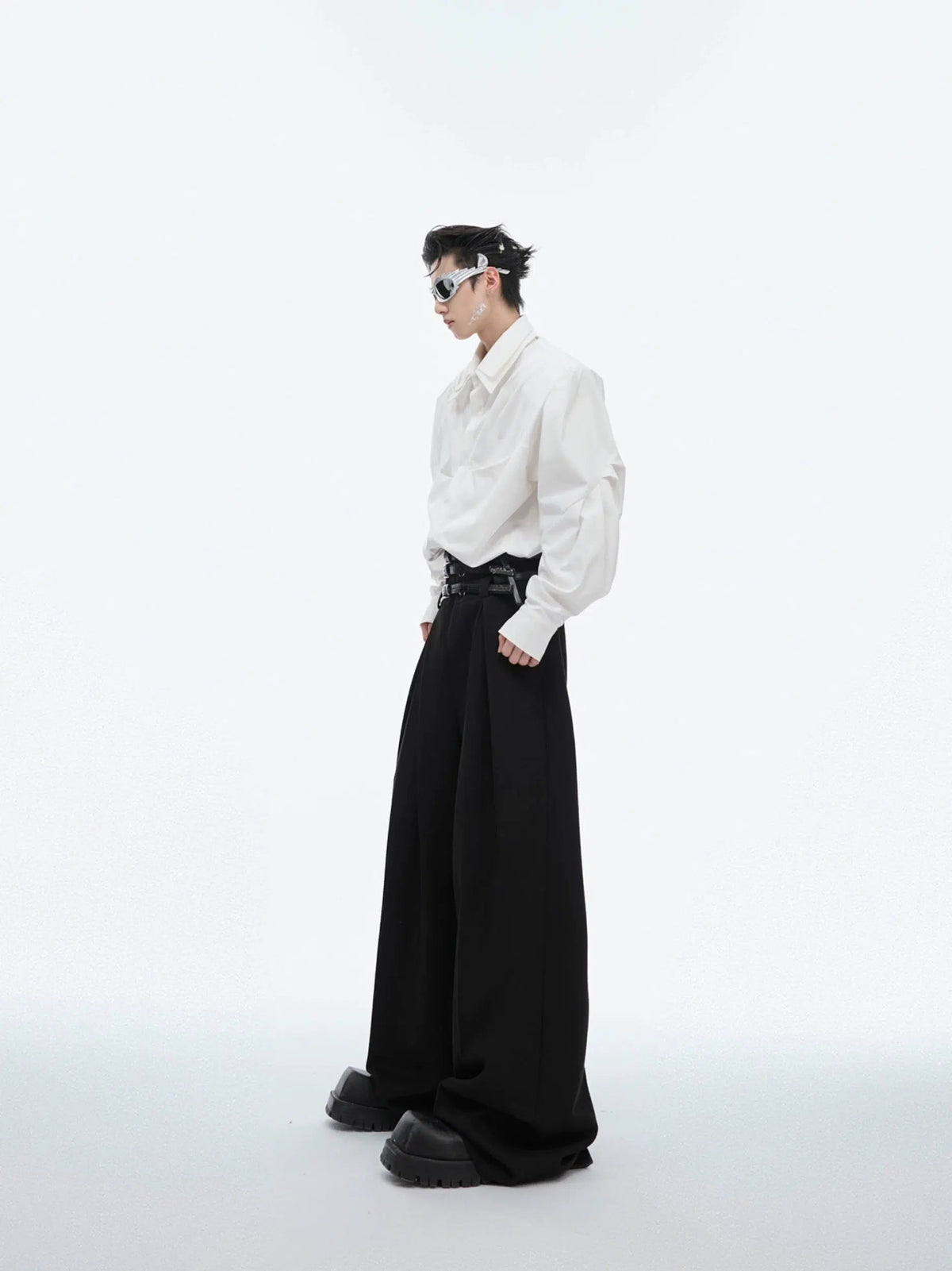 Pleated Belt High Waist Loose Pants