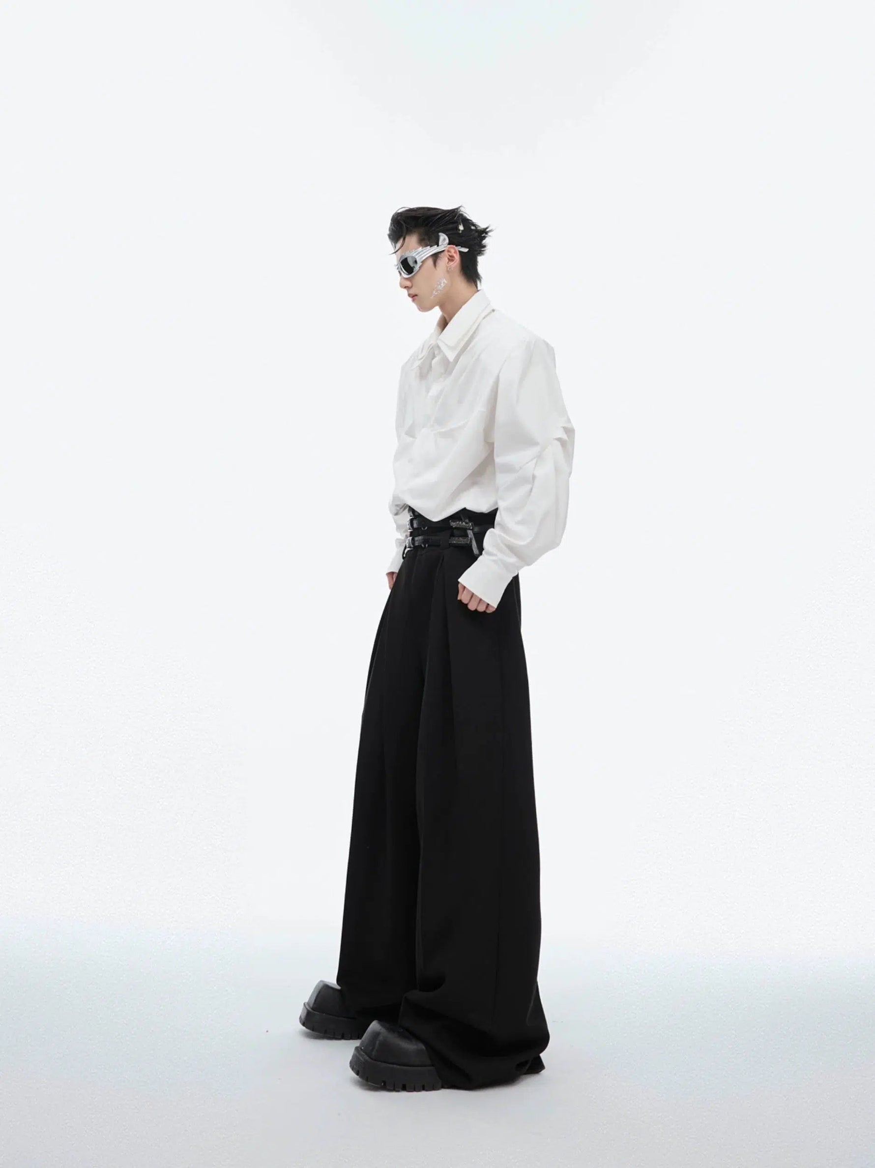 Pleated Belt High Waist Loose Pants