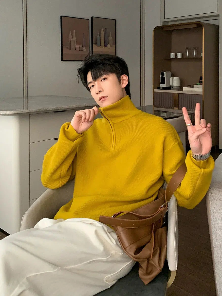 Pleated Half-zip Turtleneck Sweater