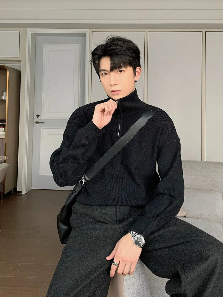 Pleated Half-zip Turtleneck Sweater
