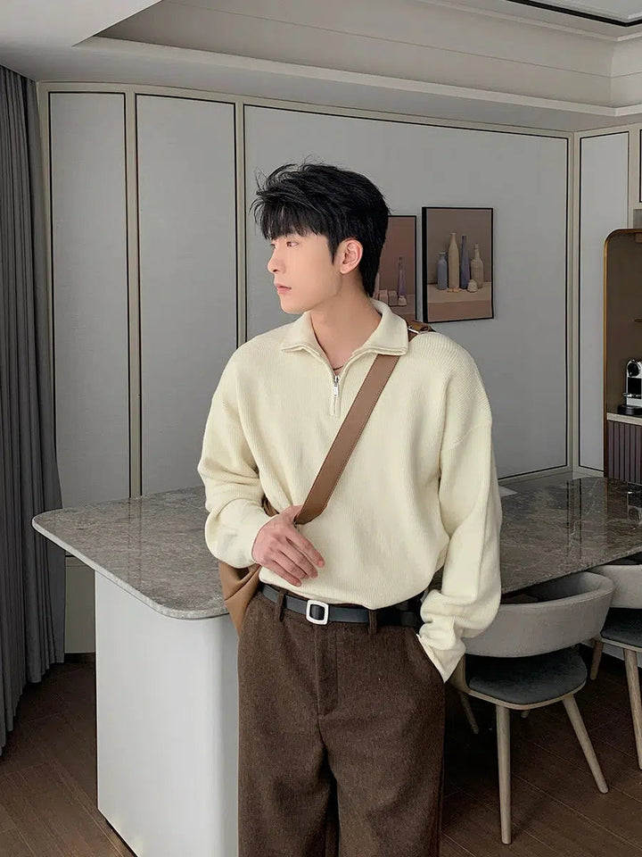Pleated Half-zip Turtleneck Sweater