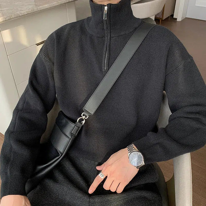Pleated Half-zip Turtleneck Sweater