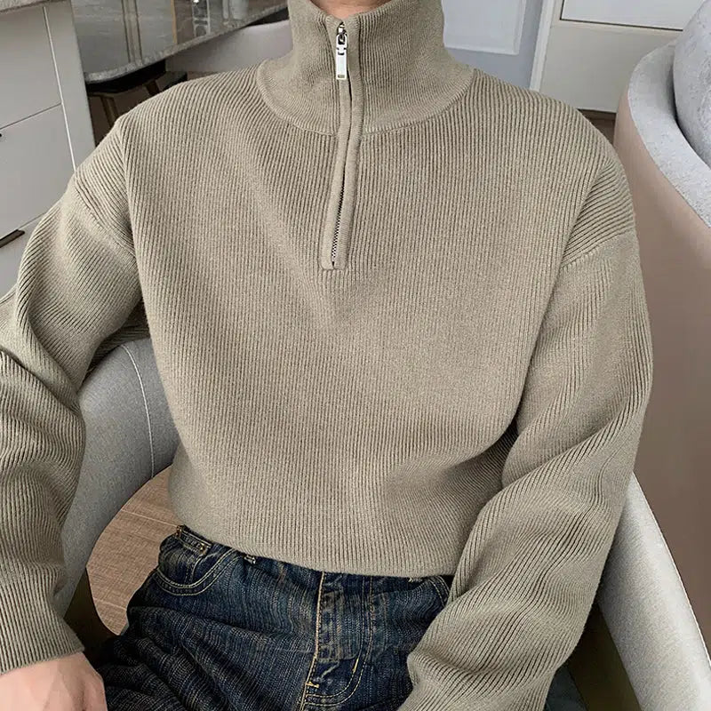 Pleated Half-zip Turtleneck Sweater