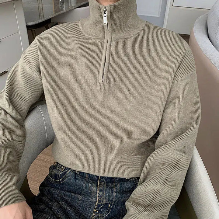 Pleated Half-zip Turtleneck Sweater