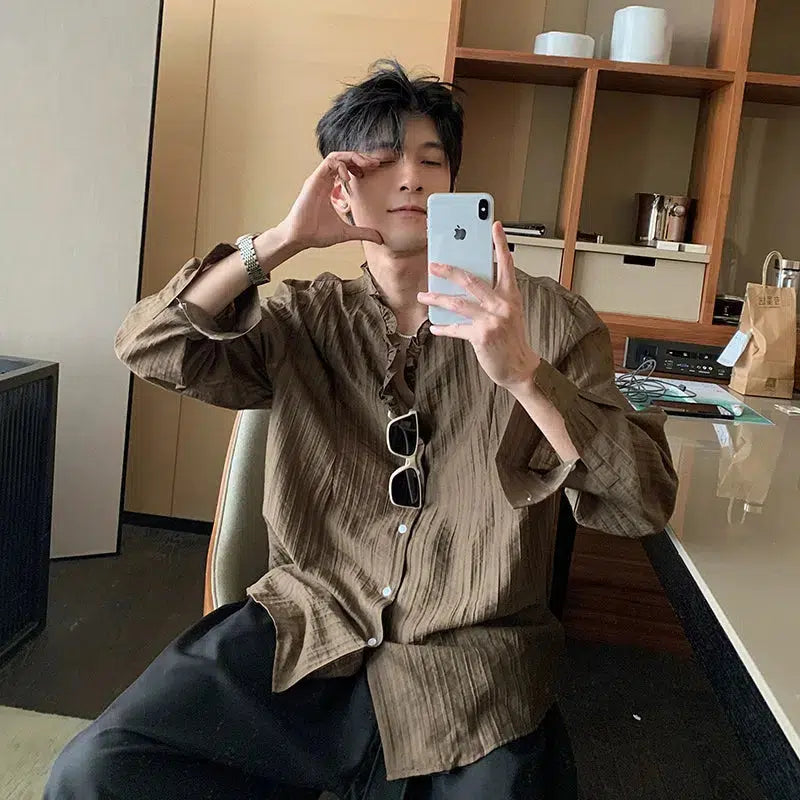 Pleated Lace V-neck Button-Up Shirt