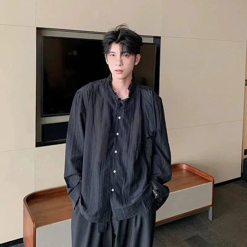 Pleated Lace V-neck Button-Up Shirt