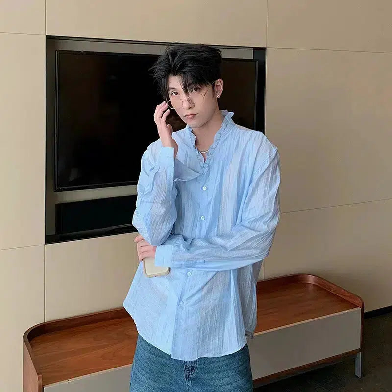 Pleated Lace V-neck Button-Up Shirt