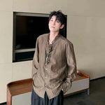 Pleated Lace V-neck Button-Up Shirt