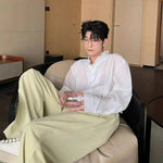 Pleated Lace V-neck Button-Up Shirt