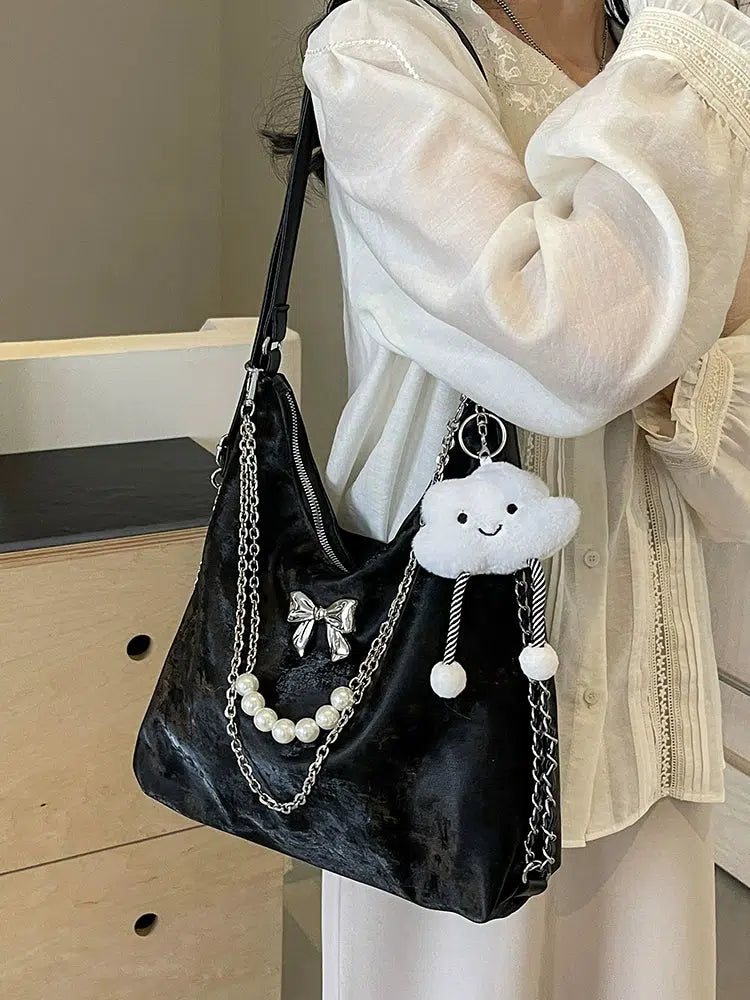 Plush Charm Pearl Chain Shoulder Bag