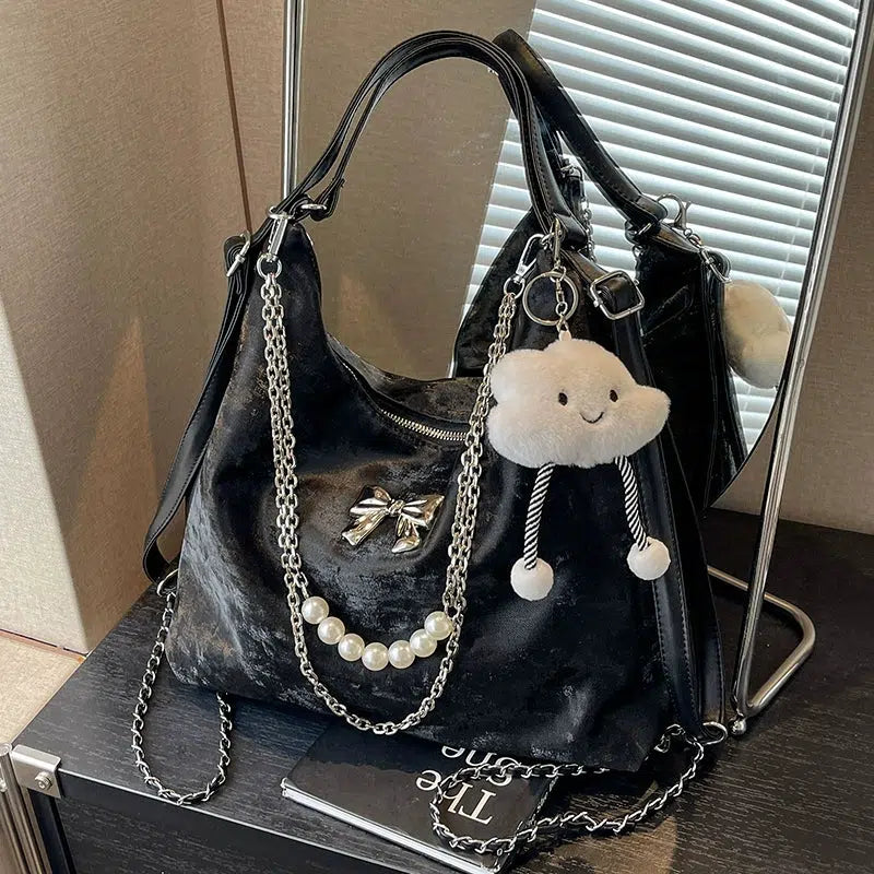 Plush Charm Pearl Chain Shoulder Bag