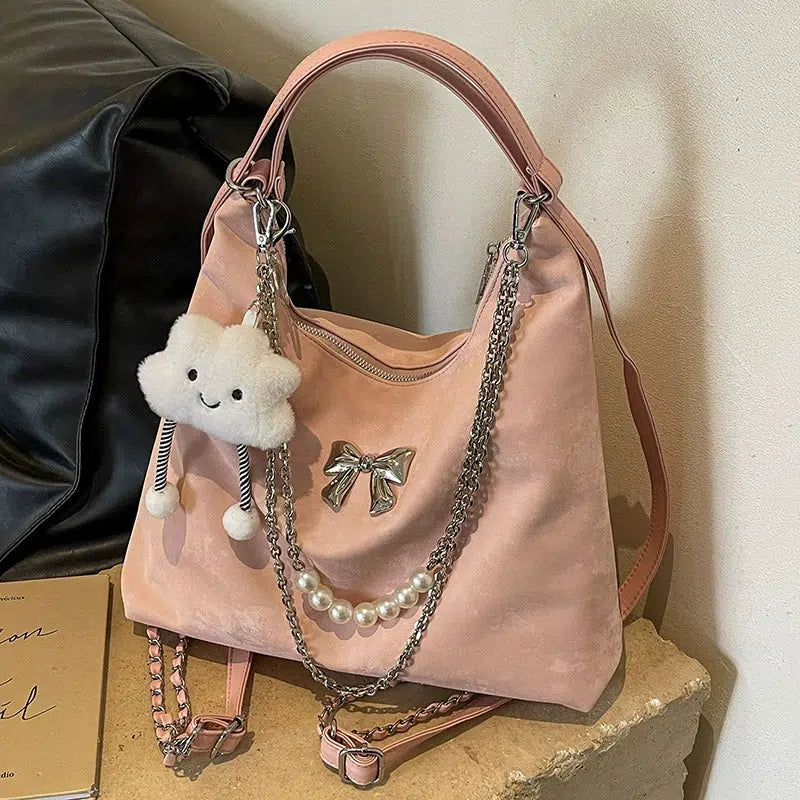 Plush Charm Pearl Chain Shoulder Bag