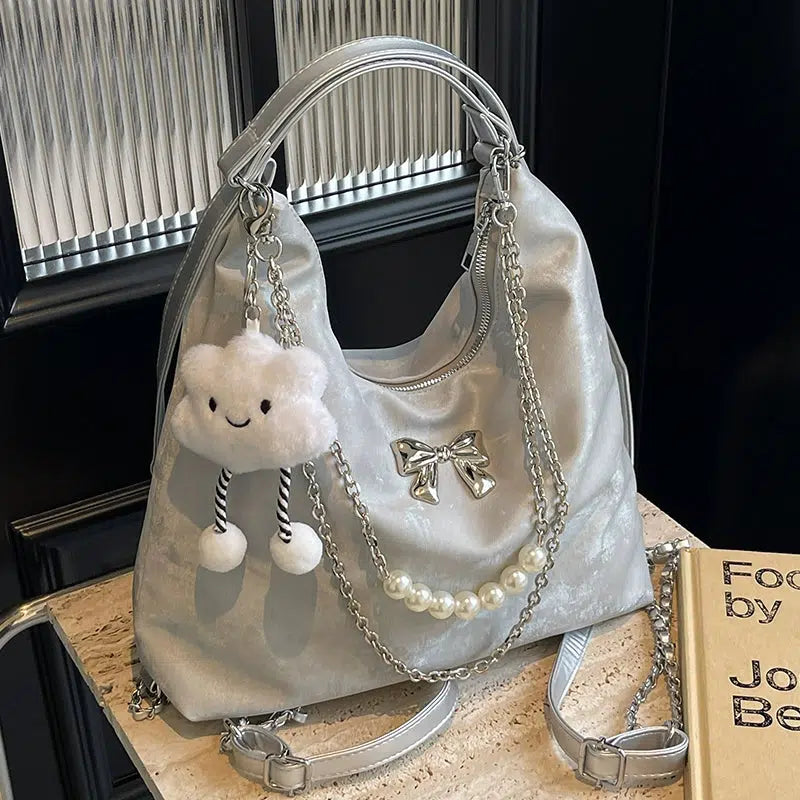 Plush Decorative Pearl Chain Tote Bag