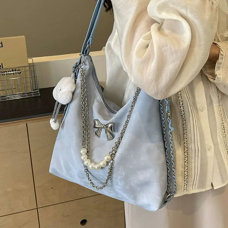 Plush Decorative Pearl Chain Tote Bag
