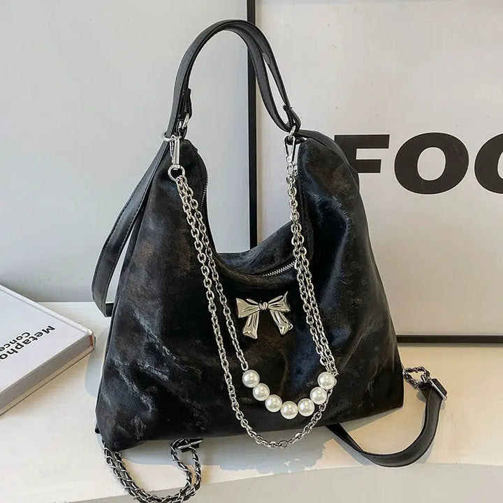 Plush Decorative Pearl Chain Tote Bag