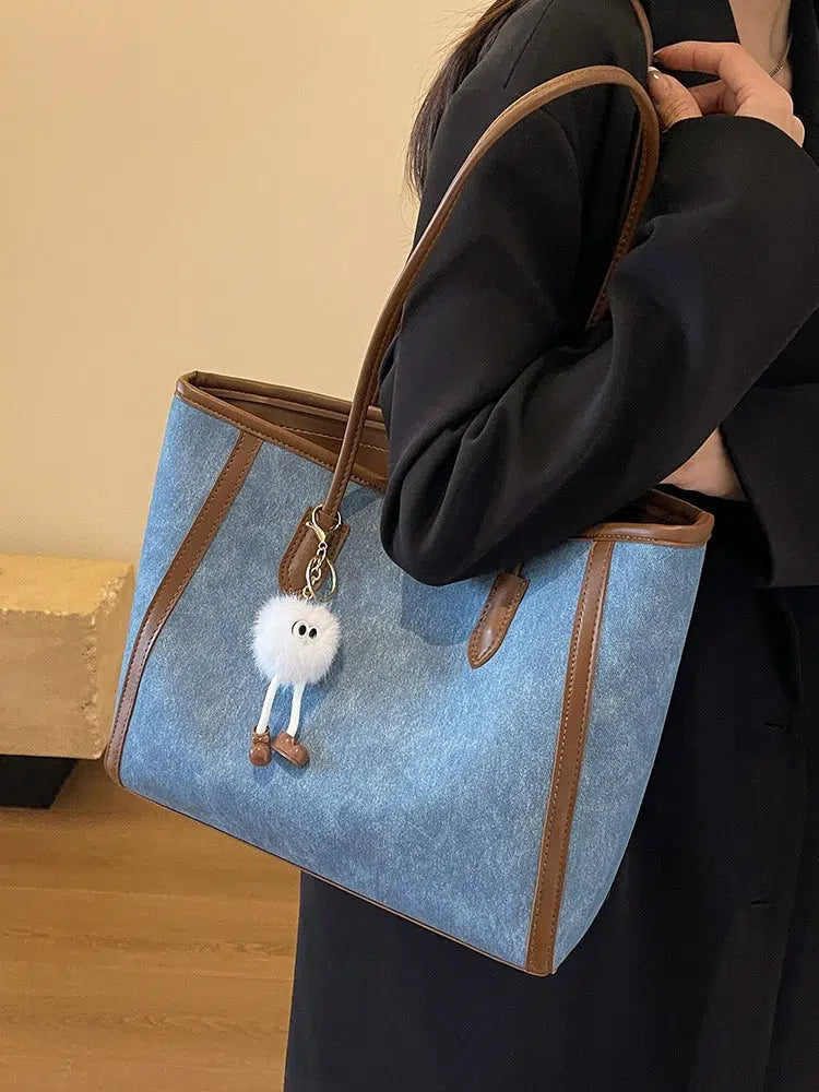 Plush Keychain Leather Trim Tote Bag