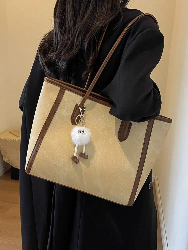 Plush Keychain Leather Trim Tote Bag