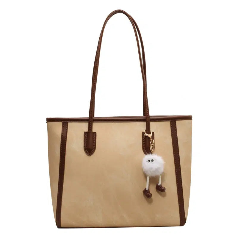 Plush Keychain Leather Trim Tote Bag