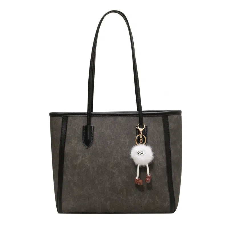 Plush Keychain Leather Trim Tote Bag