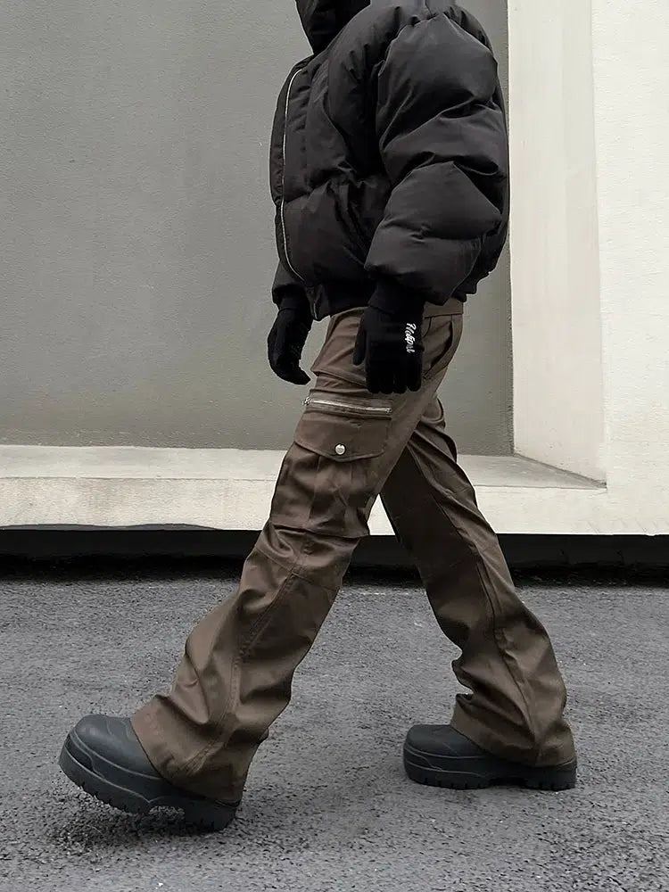 Pocket Zipper Brown Overalls Cargo Pants