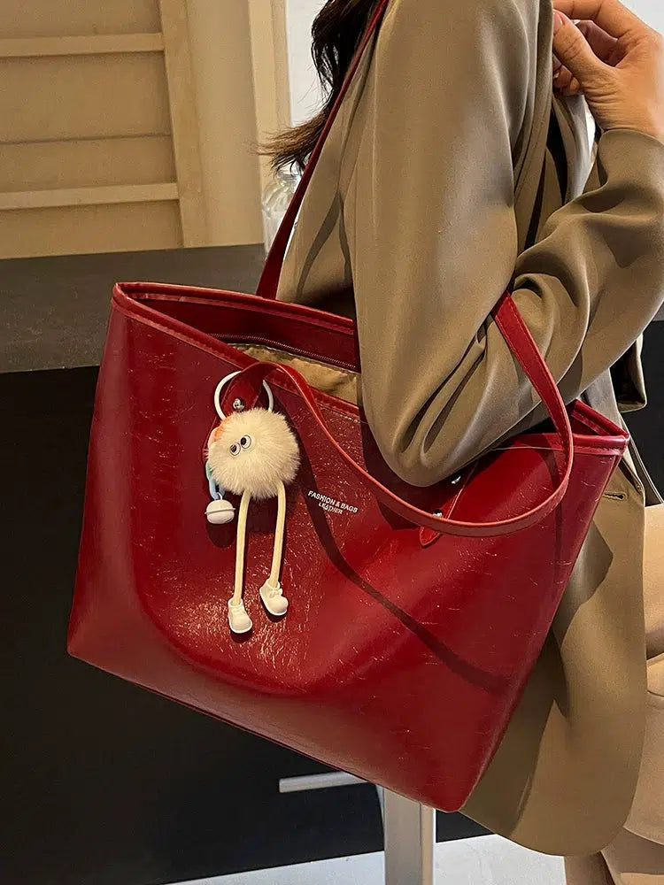 Pom Keychain Stylish Leather Tote Bag