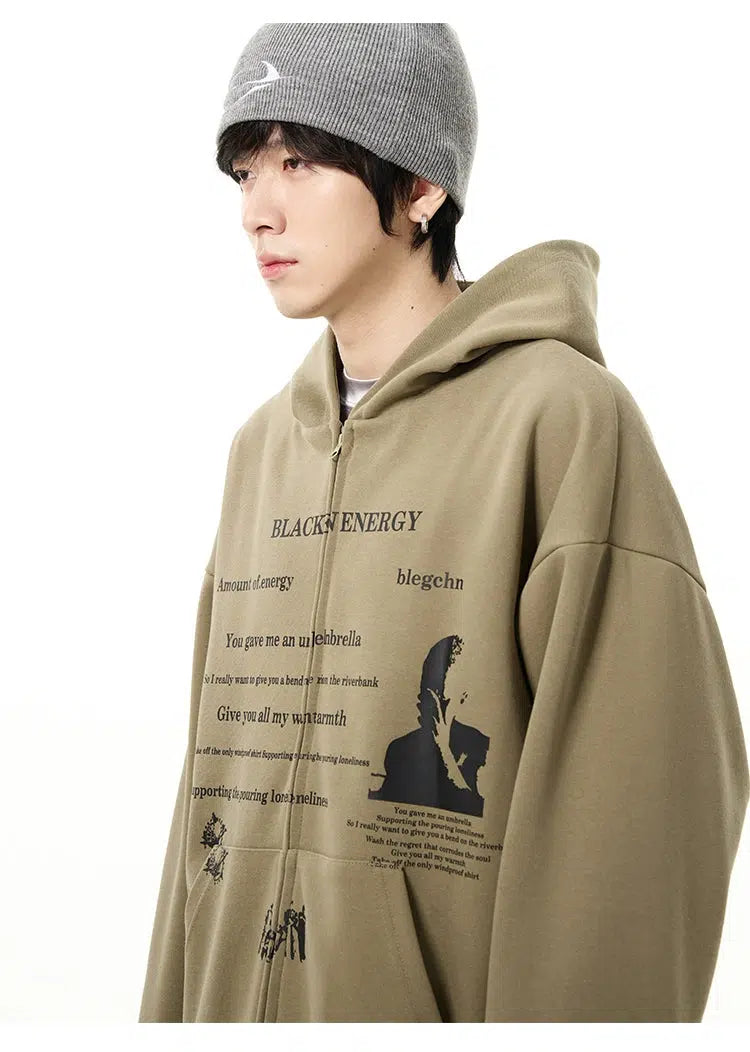 Printed Zipper Hooded Sweatshirt