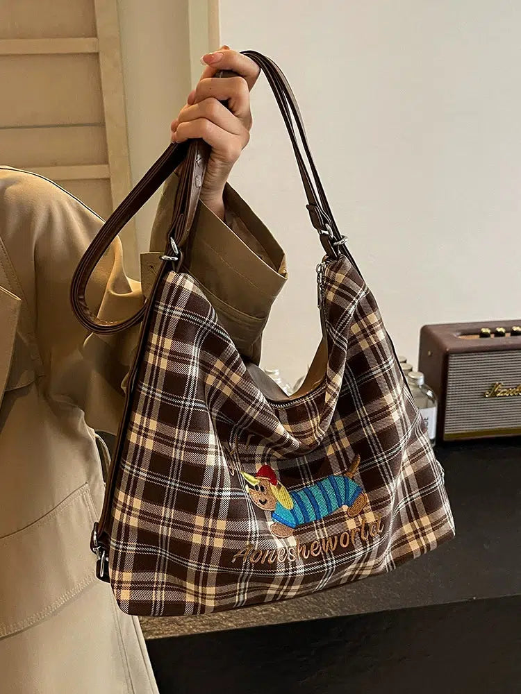 Puppy Embroidered Plaid Shoulder Bag