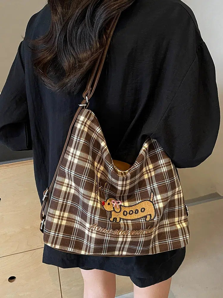 Puppy Embroidered Plaid Shoulder Bag