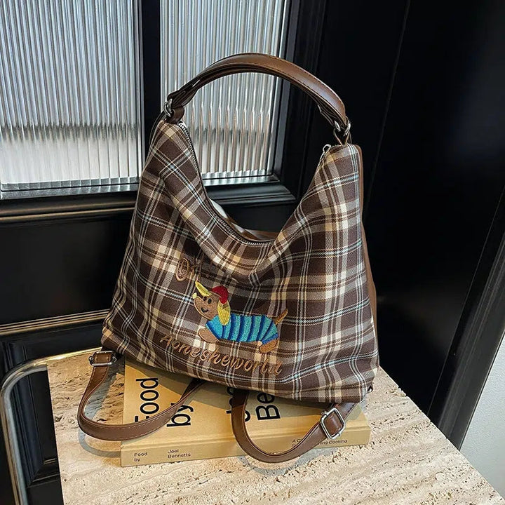 Puppy Embroidered Plaid Shoulder Bag
