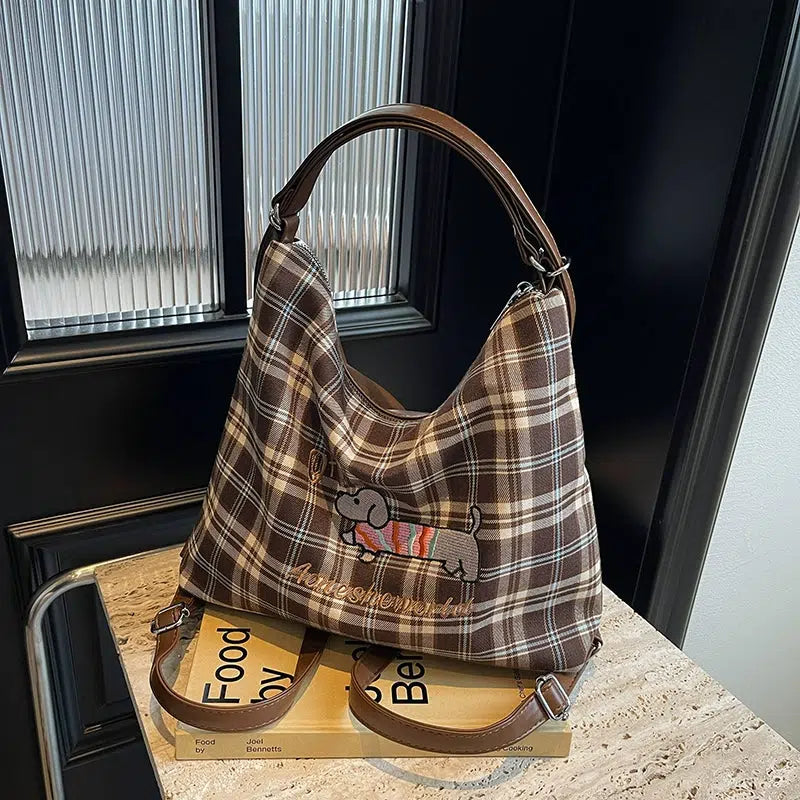 Puppy Embroidered Plaid Shoulder Bag