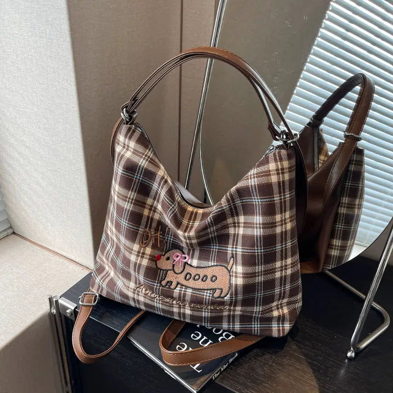 Puppy Embroidered Plaid Shoulder Bag